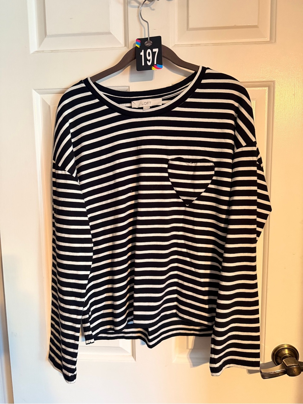LOFT Black & White Striped Long Sleeve Tee with Heart Pocket